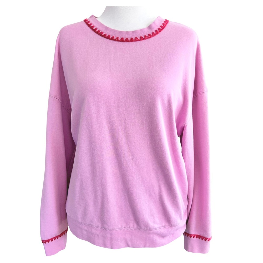 Boden Pink Crew Neck Oversized Sweatshirt Red Embroidered Trim Women's Size L